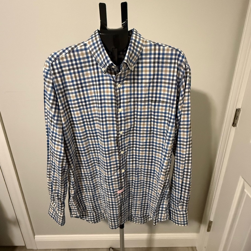 Peter Millar Blue, White & Tan Gingham Button-Down Shirt
